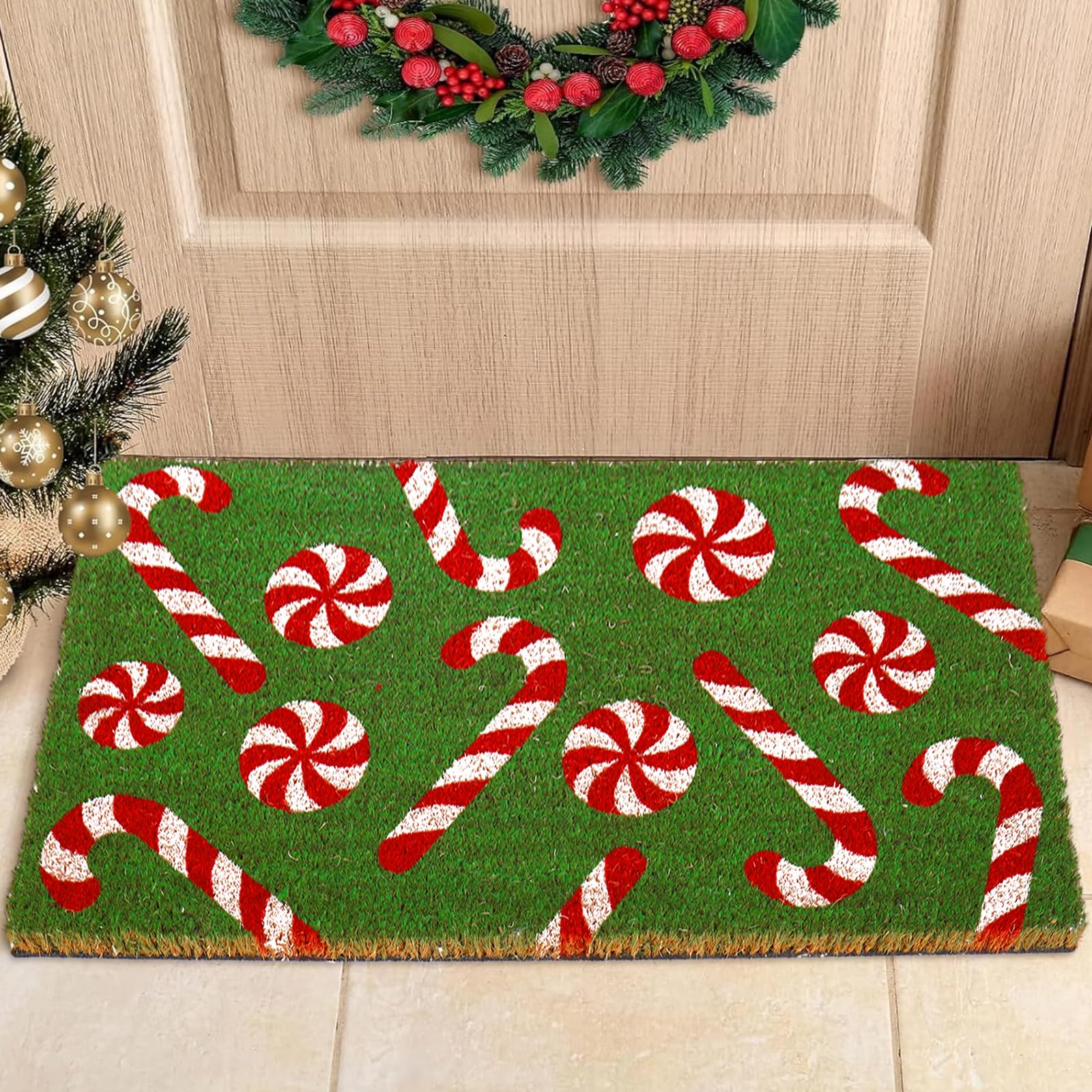 Whaline doormat front view with candy cane design offering festive entry appeal