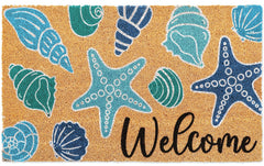 Whaline front view blue Welcome doormat giving coastal curb appeal