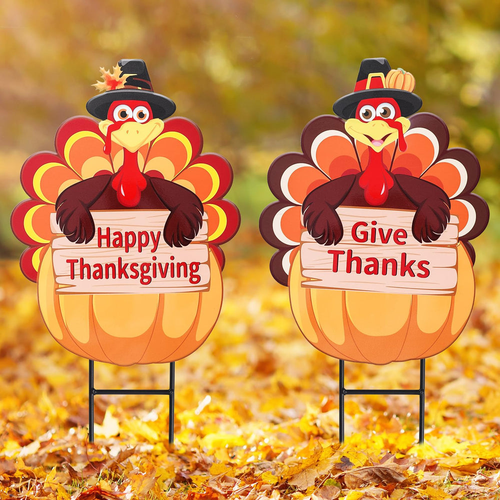Whaline front view of turkey and pumpkin stakes showing bright fall welcome design and curb appeal