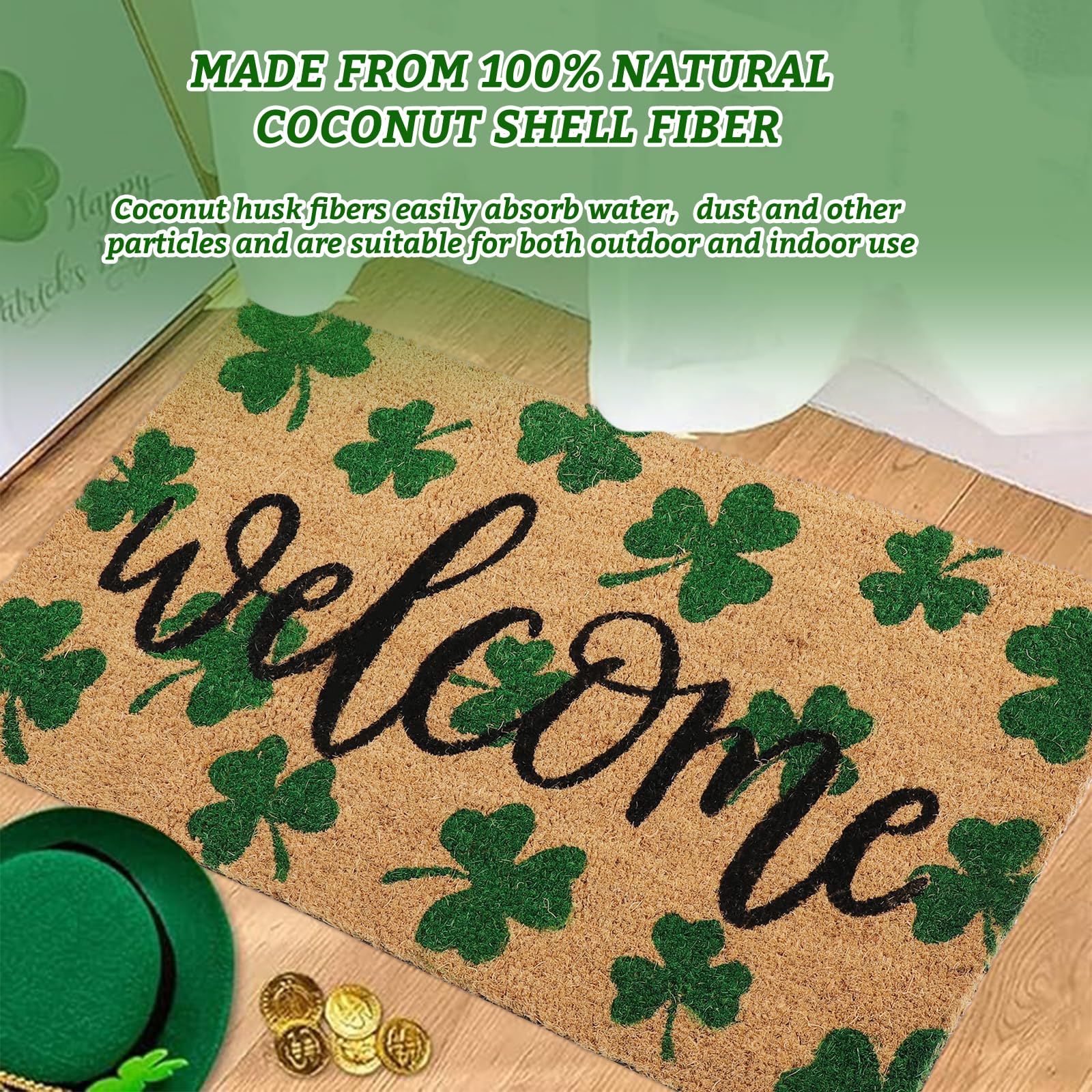 Whaline green shamrock graphics and black welcome text adding festive curb appeal