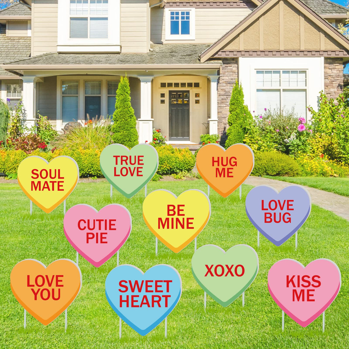 Whaline front view of 10 conversation-heart yard signs showing colors and messages for curb appeal