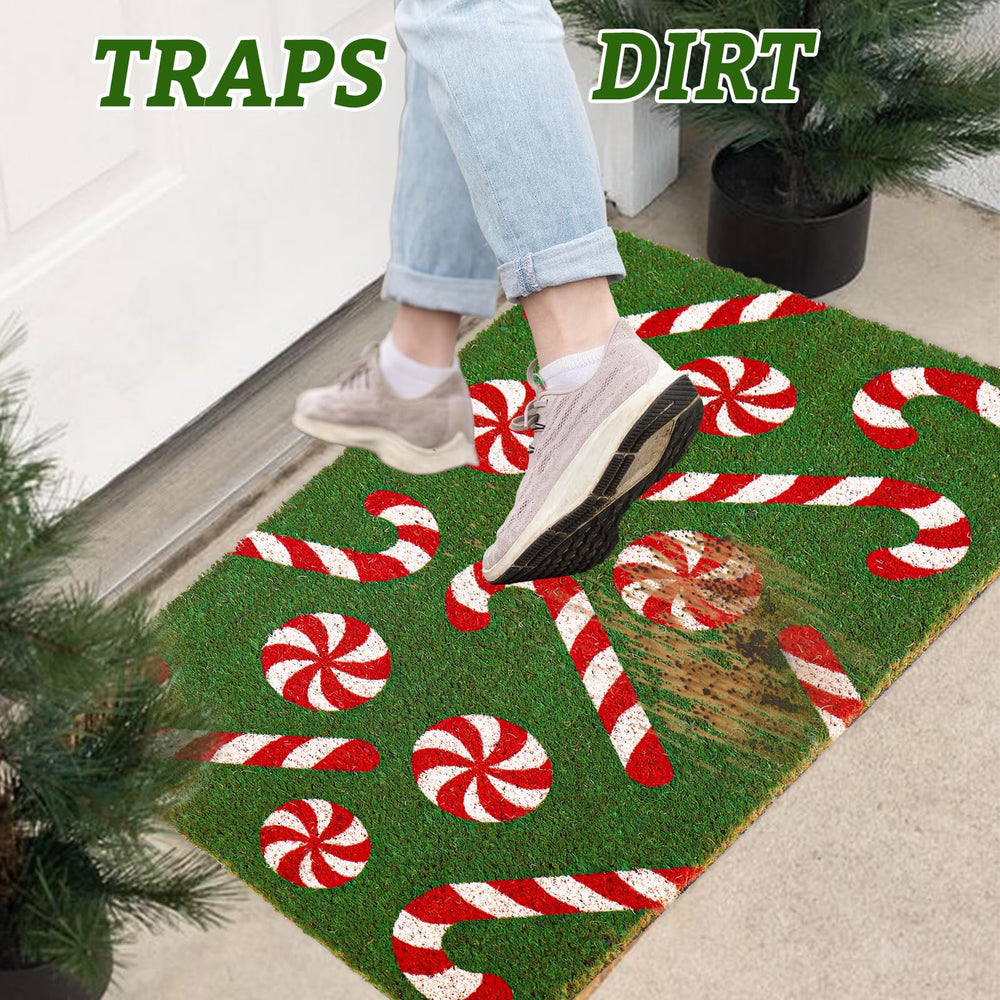 Whaline mat placed at front door providing holiday welcome and dirt control
