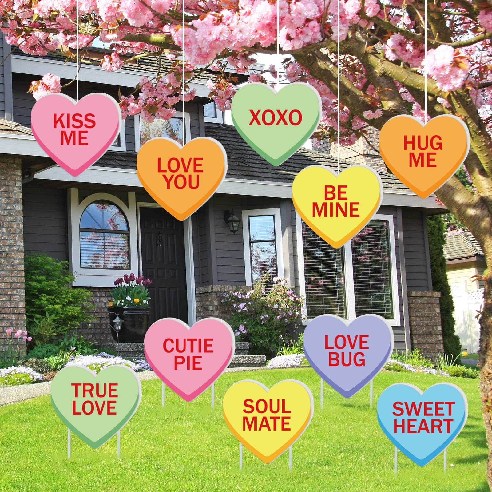 Whaline signs lined along lawn pathway guiding guests with festive Valentine’s visuals