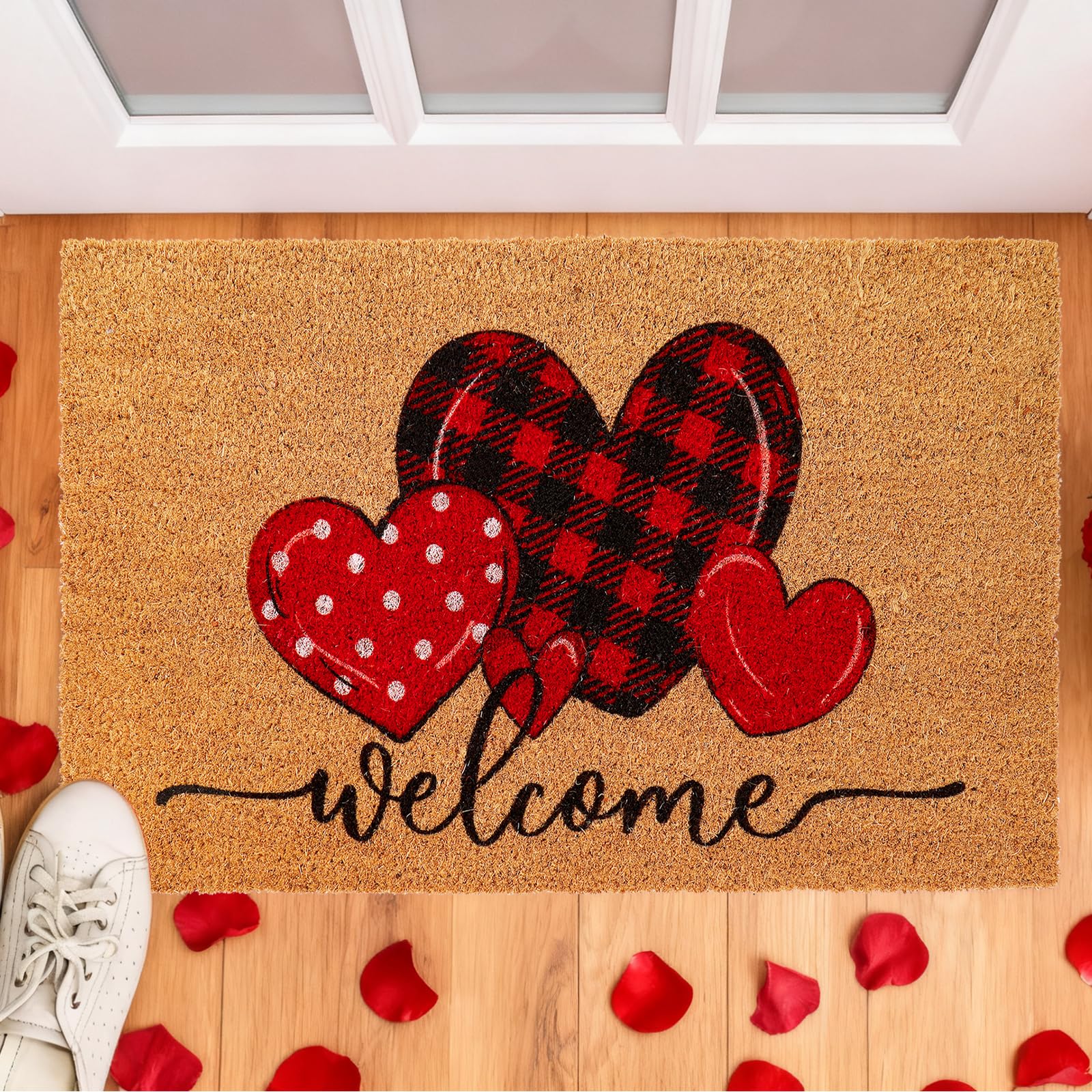 Whaline doormat next to shoes showing 16.5x29 inch scale for proper fit