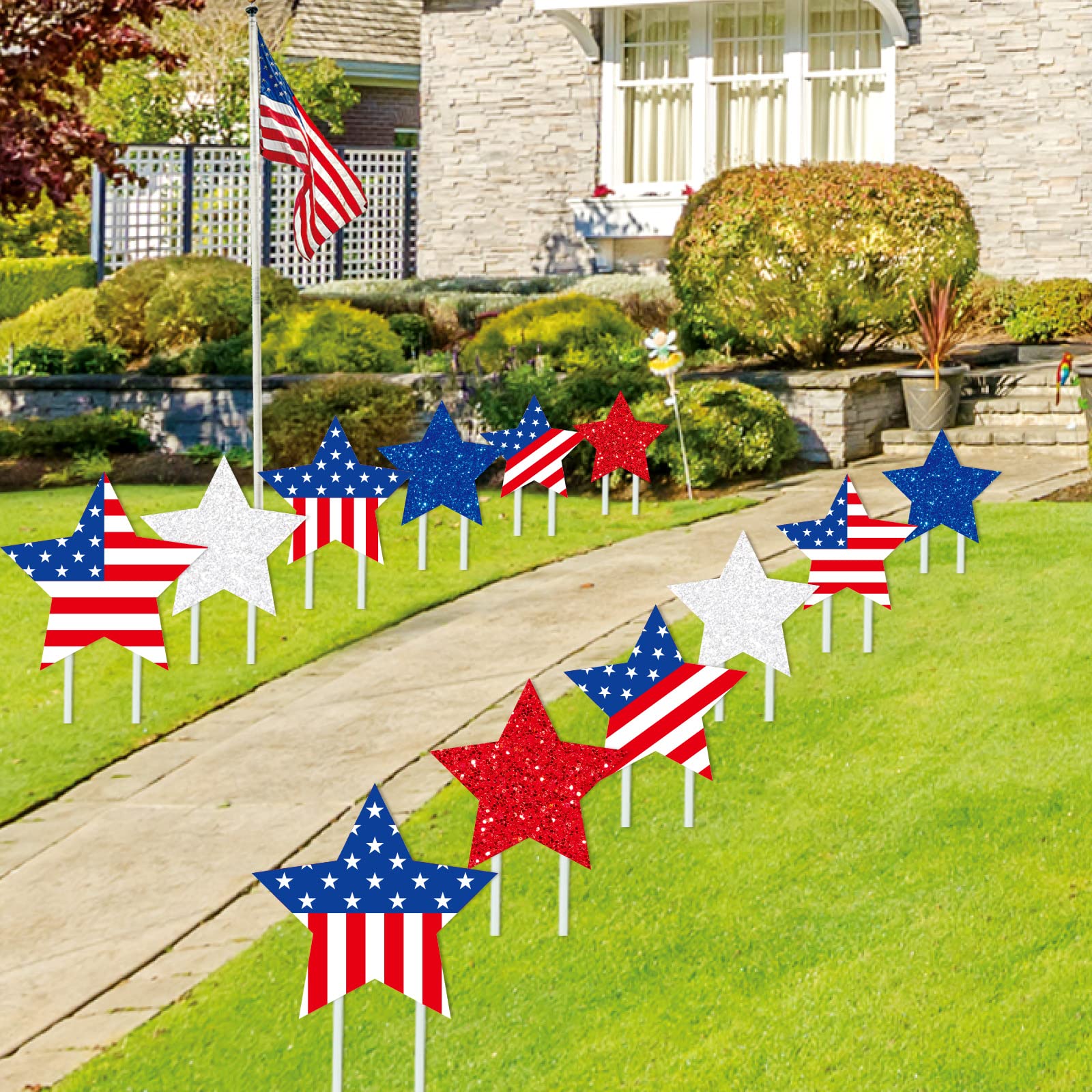 Whaline front view of 12-pack star signs showing bright patriotic design and ready-to-use display