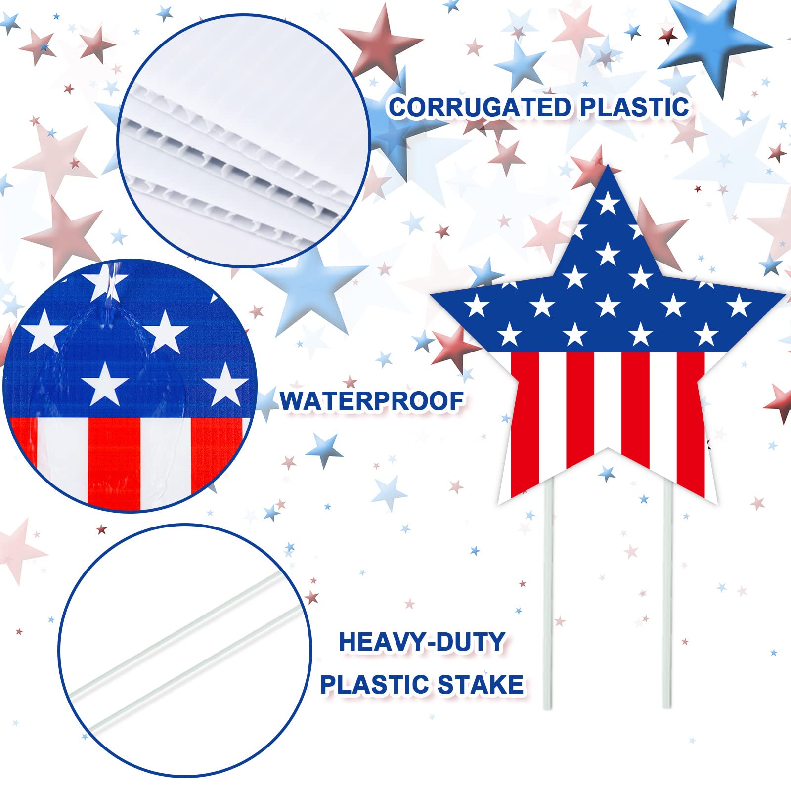 Whaline stars planted in a front lawn creating a festive Fourth of July curb appeal