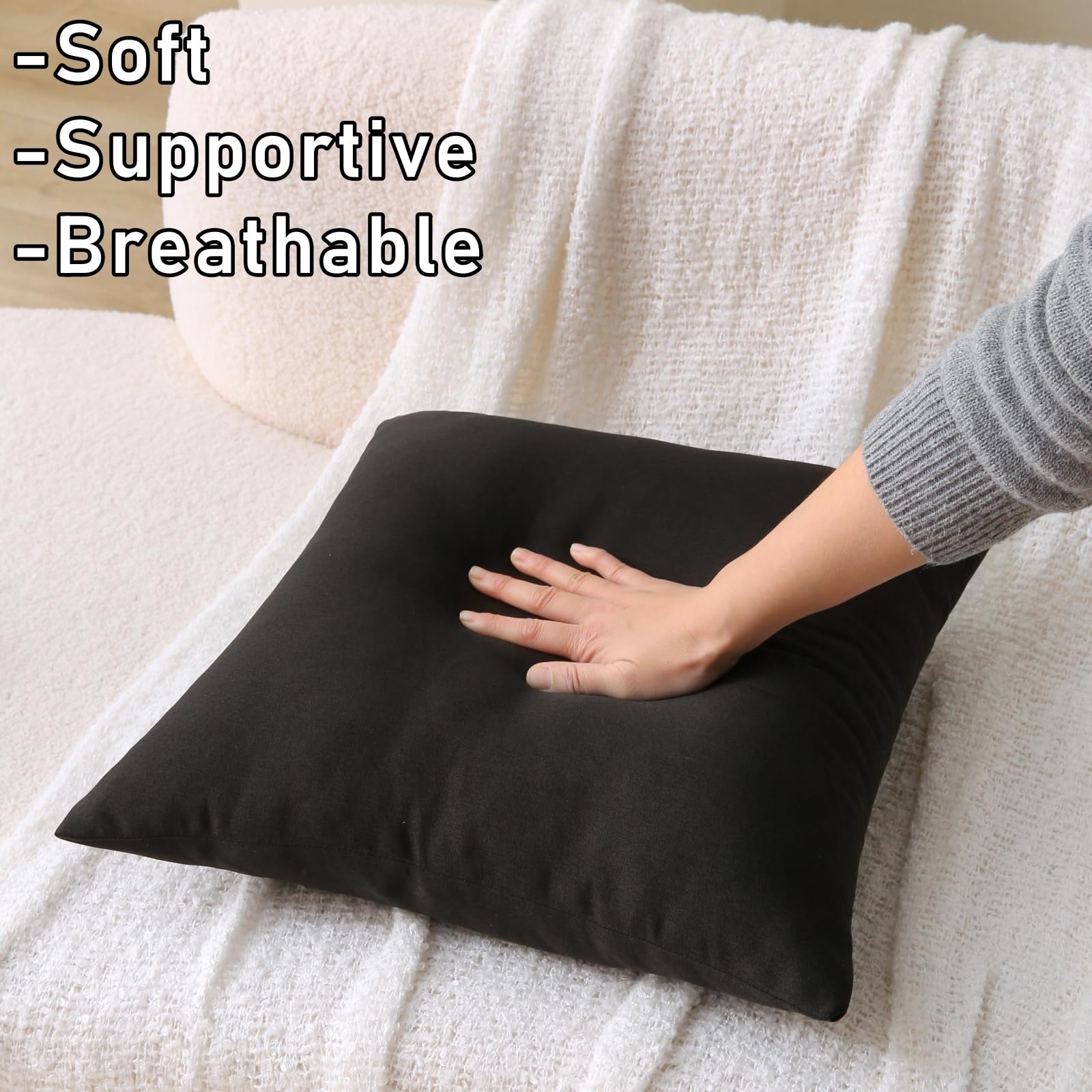 WHATWEARS pillow beside sofa to show true 18-inch scale and seating support