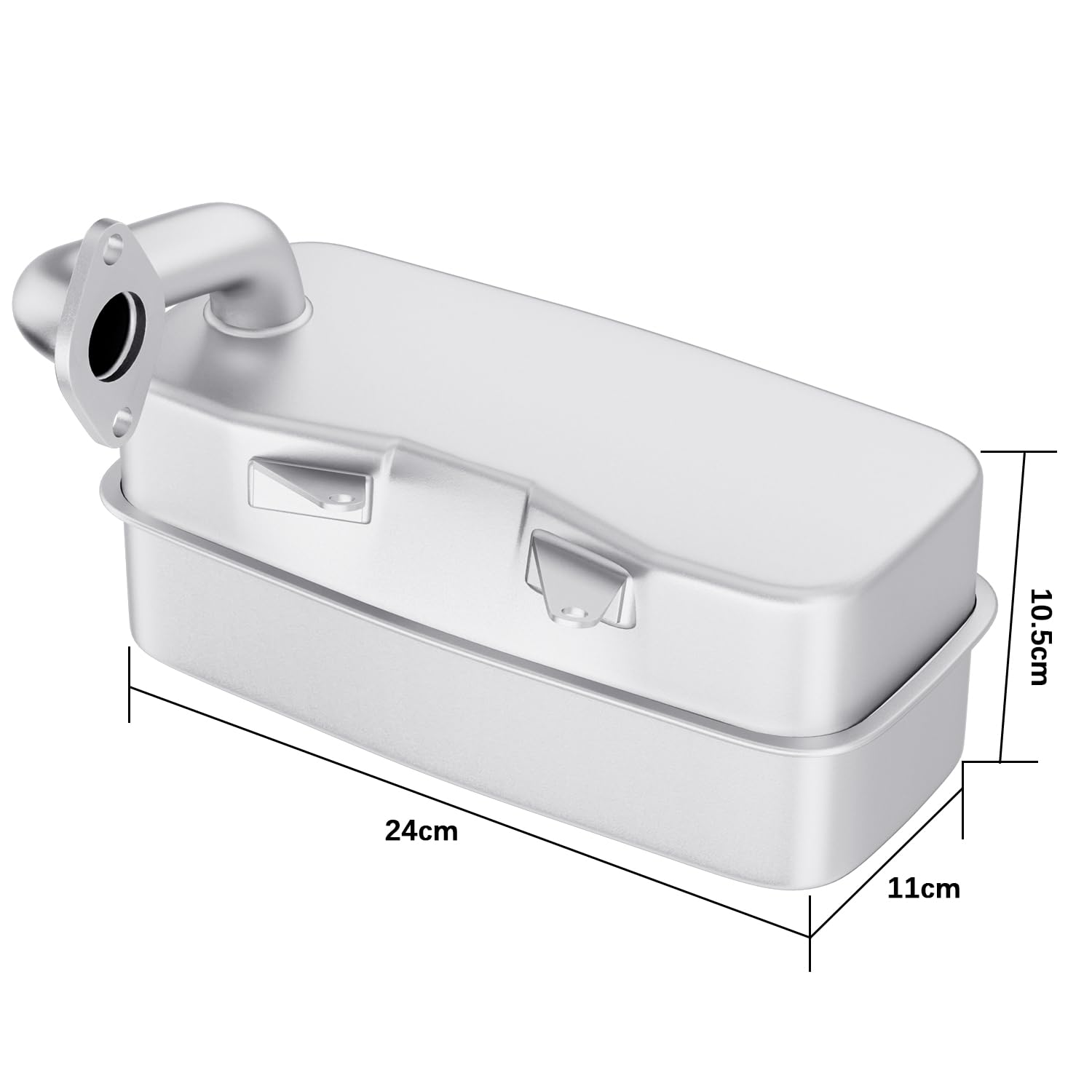 WHFZN muffler angled in garage setting suggesting ready-to-install replacement part