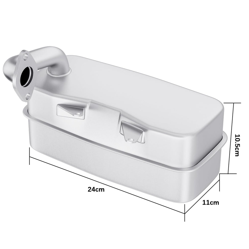 WHFZN muffler angled in garage setting suggesting ready-to-install replacement part