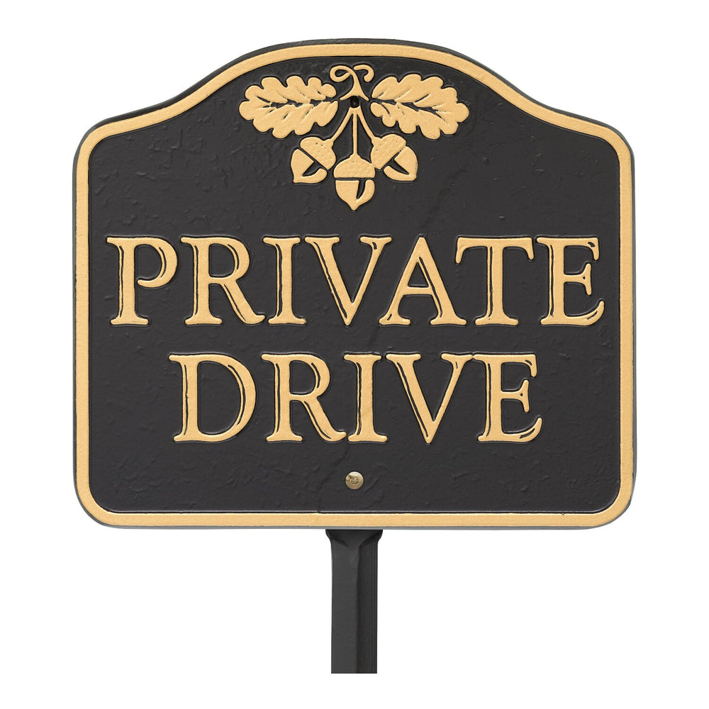 Whitehall front view of private drive sign showing clear lettering and elegant acorn benefit visibility