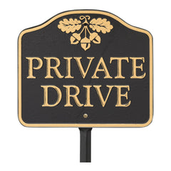 Whitehall front view of private drive sign showing clear lettering and elegant acorn benefit visibility