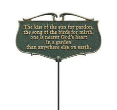 Whitehall front view of green and gold plaque showing poem, adds charm