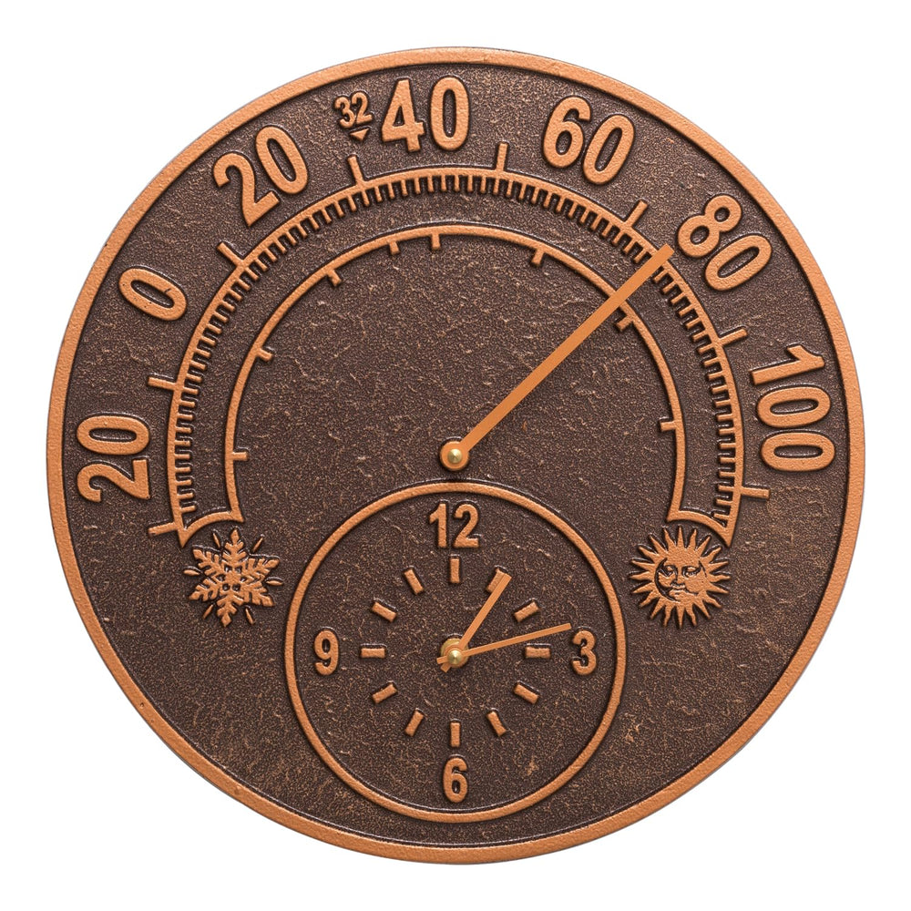 Whitehall Solstice clock front view showing antique copper finish and dual time-temperature function