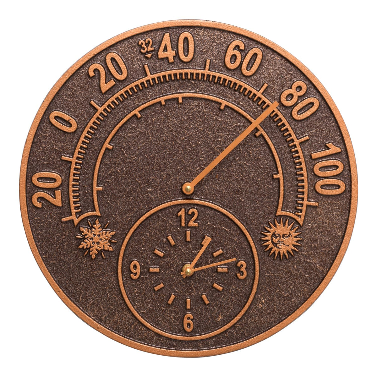 Whitehall Solstice clock front view showing antique copper finish and dual time-temperature function