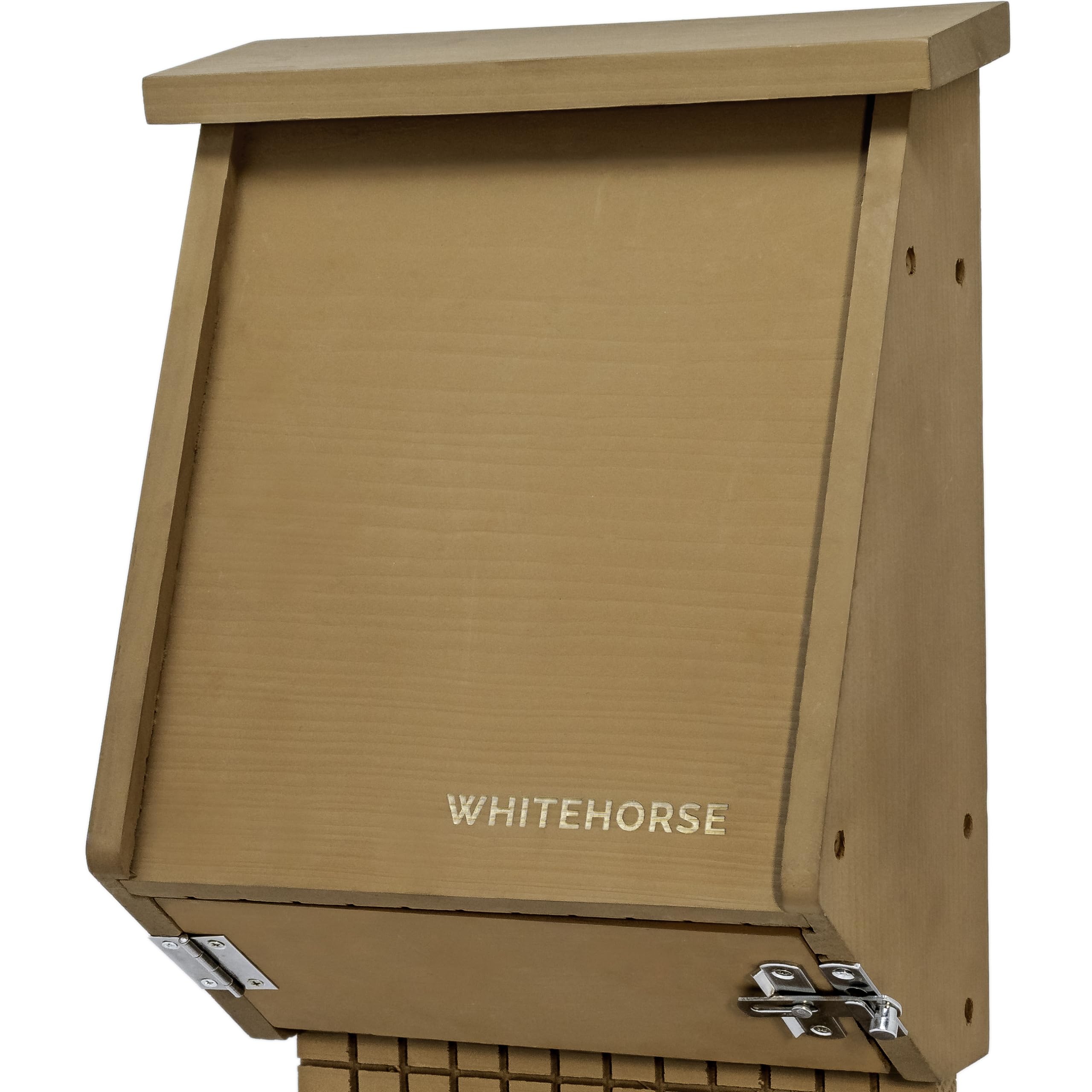 WHITEHORSE front view of the bat house showing durable cedar and painted finish for longevity