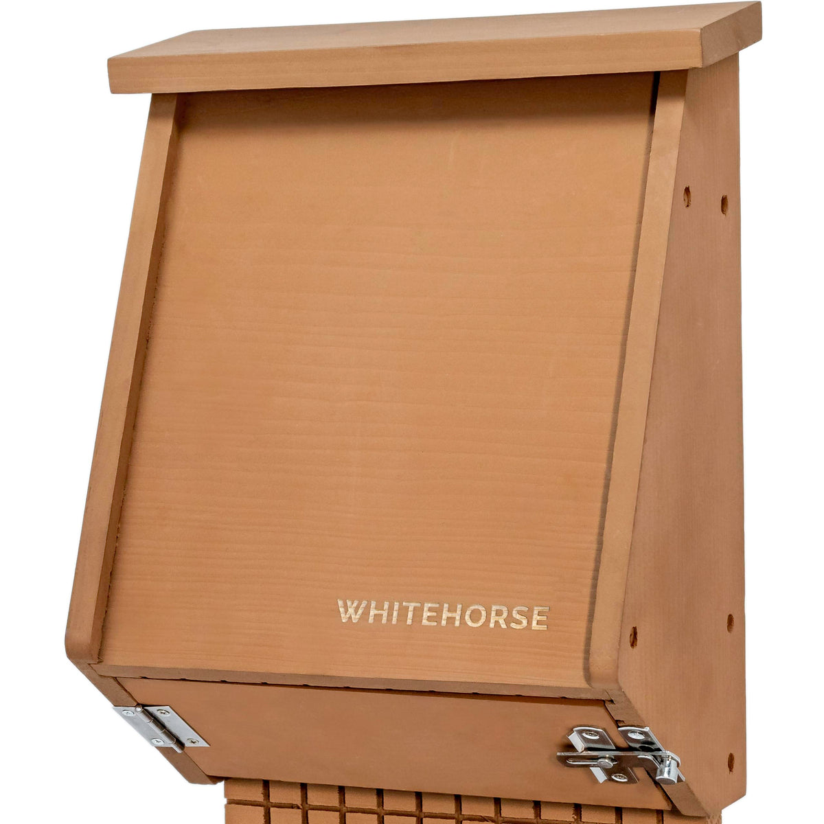 WHITEHORSE front view of the bat house showing durable cedar and painted finish for longevity