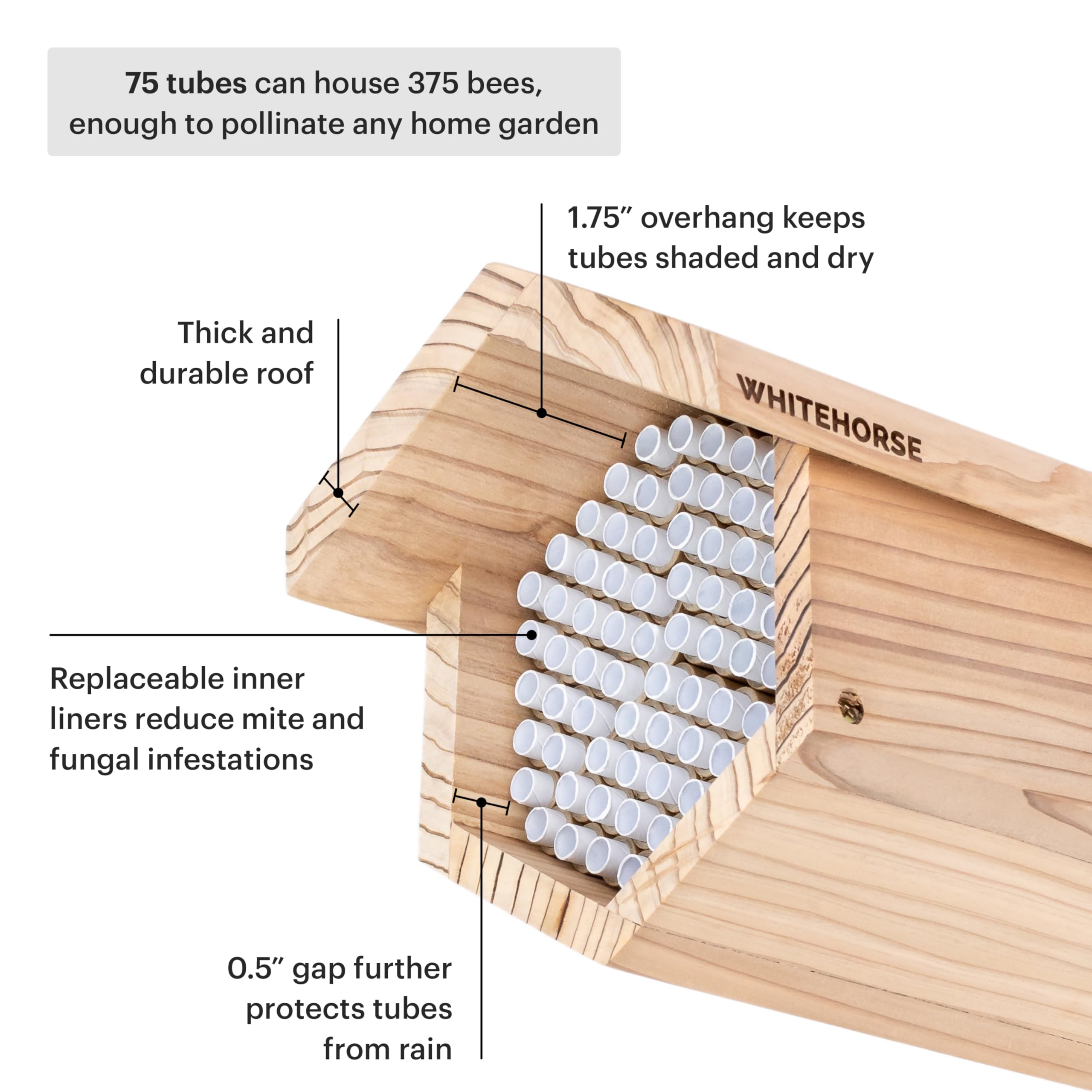 WHITEHORSE bee house mounted in garden near flowers showing pollination support benefit