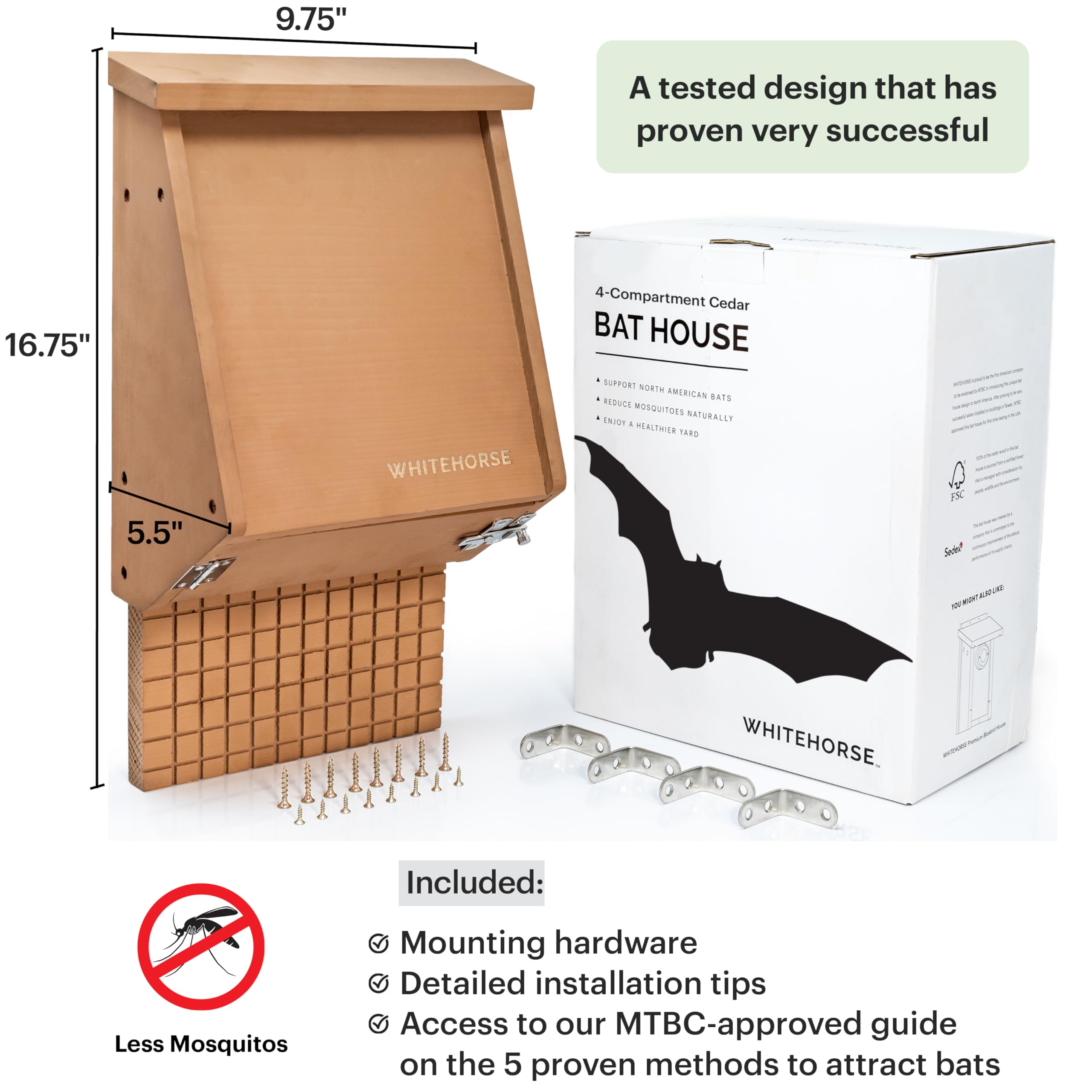 WHITEHORSE bat house size comparison next to a hand showing scale and placement guidance