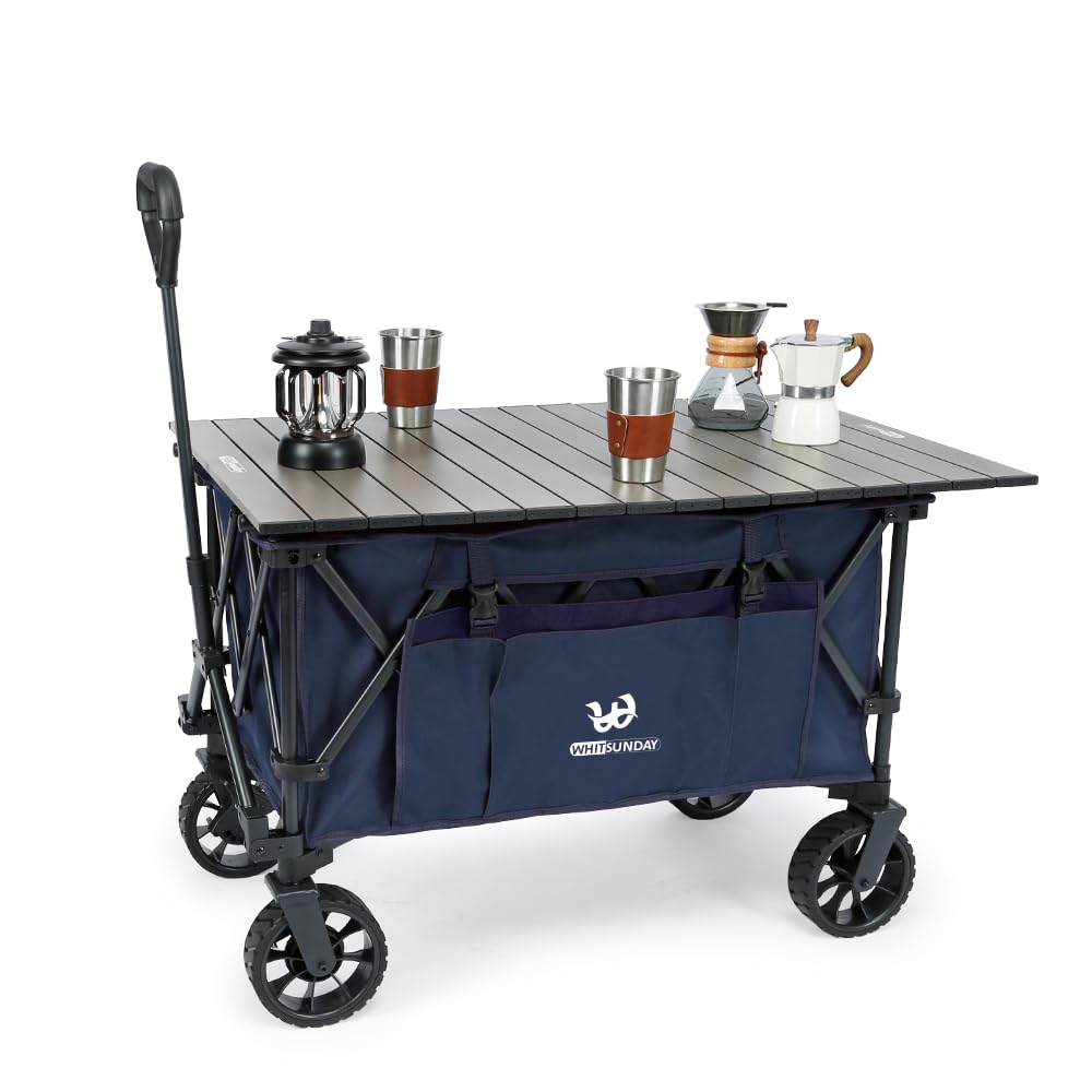 Whitsunday wagon front view showing compact folded frame and durable fabric benefit: easy transport