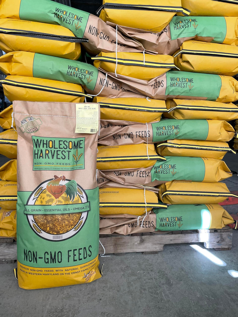 Wholesome Harvest bag on a farm background illustrating farmer-made quality and usability