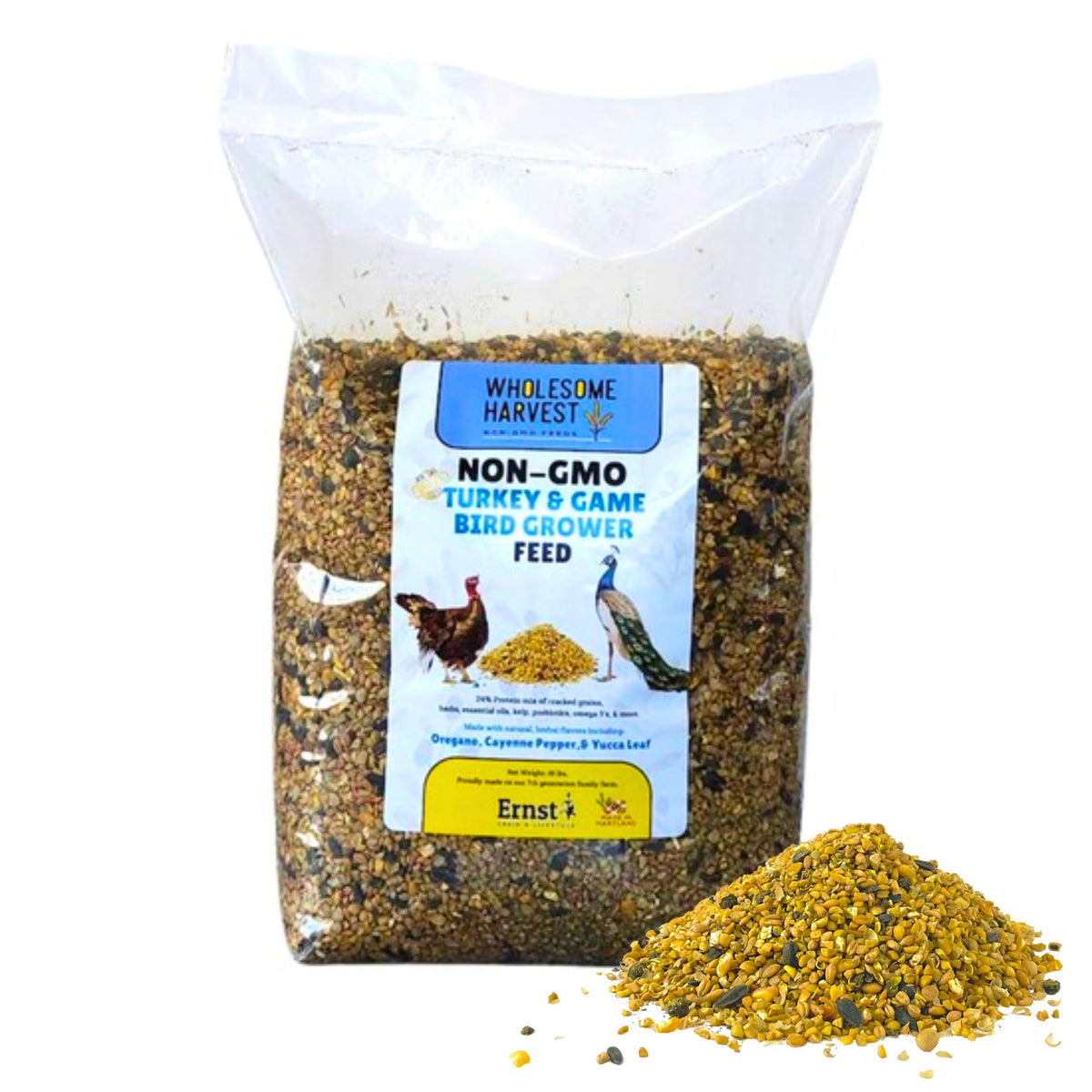Wholesome Harvest front 10 lb bag showing branding and product benefit of complete growth feed