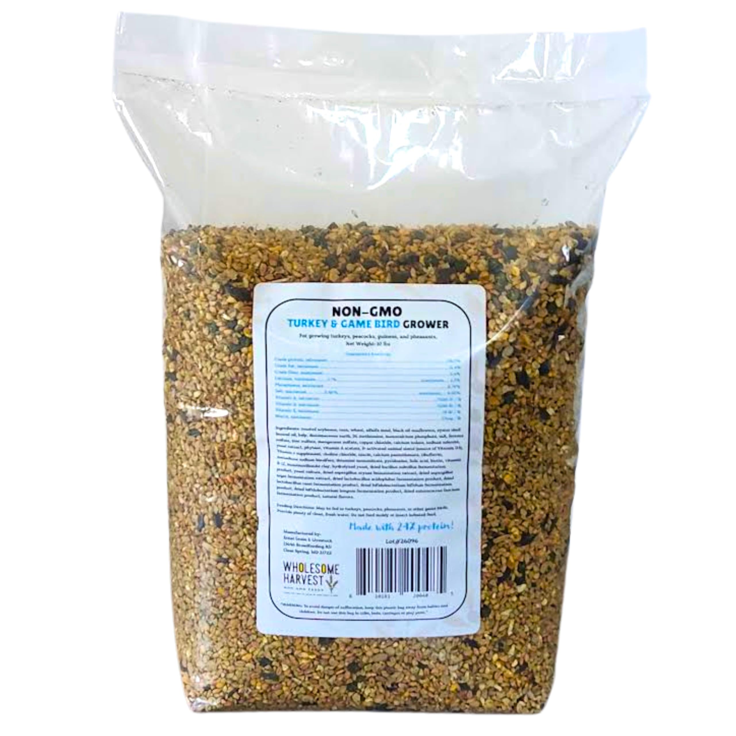 Wholesome Harvest close-up of grain texture highlighting protein-rich formula for healthy feathers