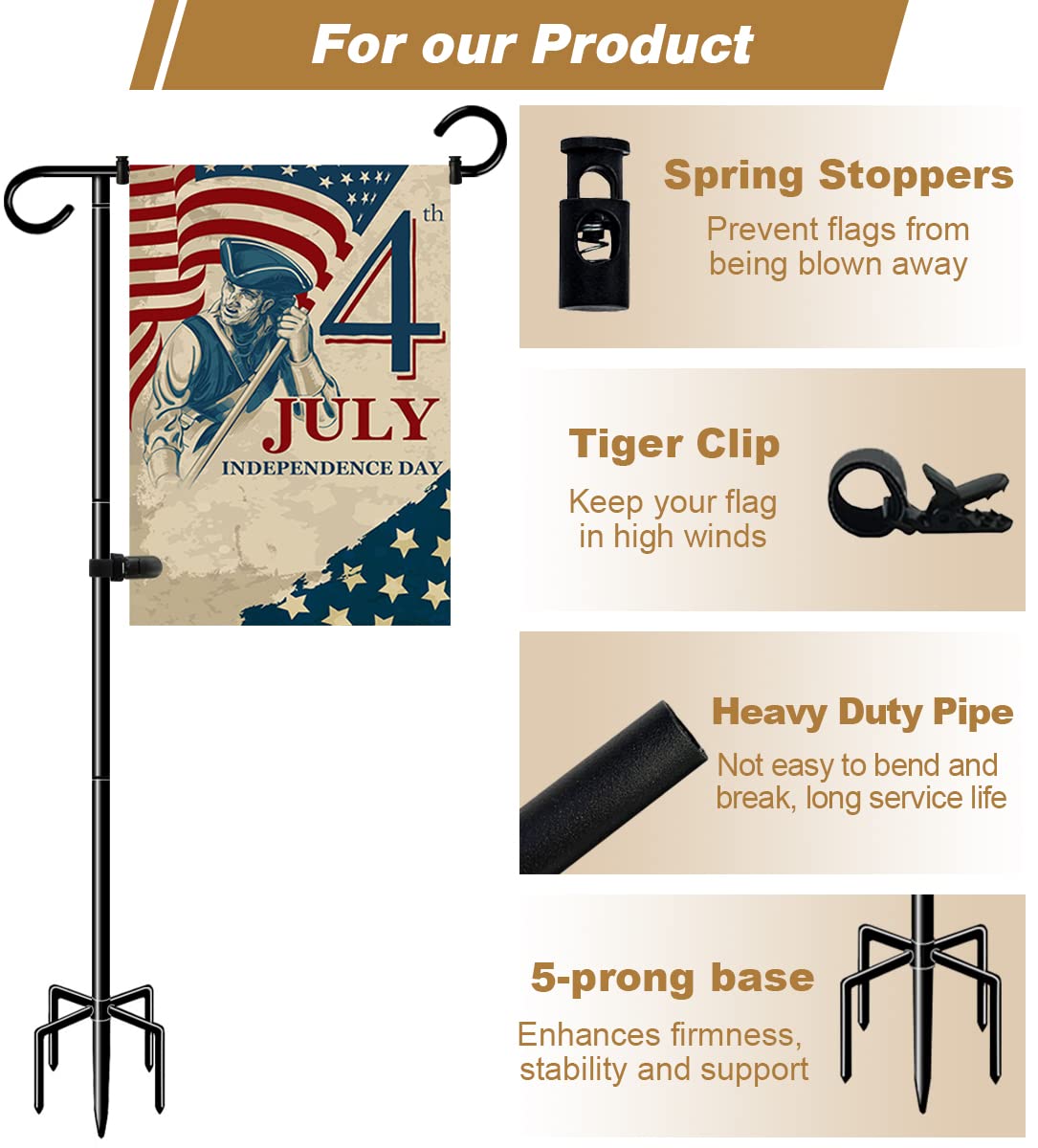 Whoonba tiger clip and spring stoppers securing a small flag
