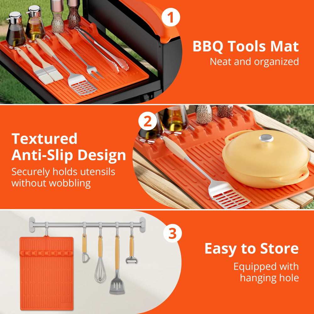 WhtSky 16-inch tool mat laid flat to organize spatulas and seasoning jars