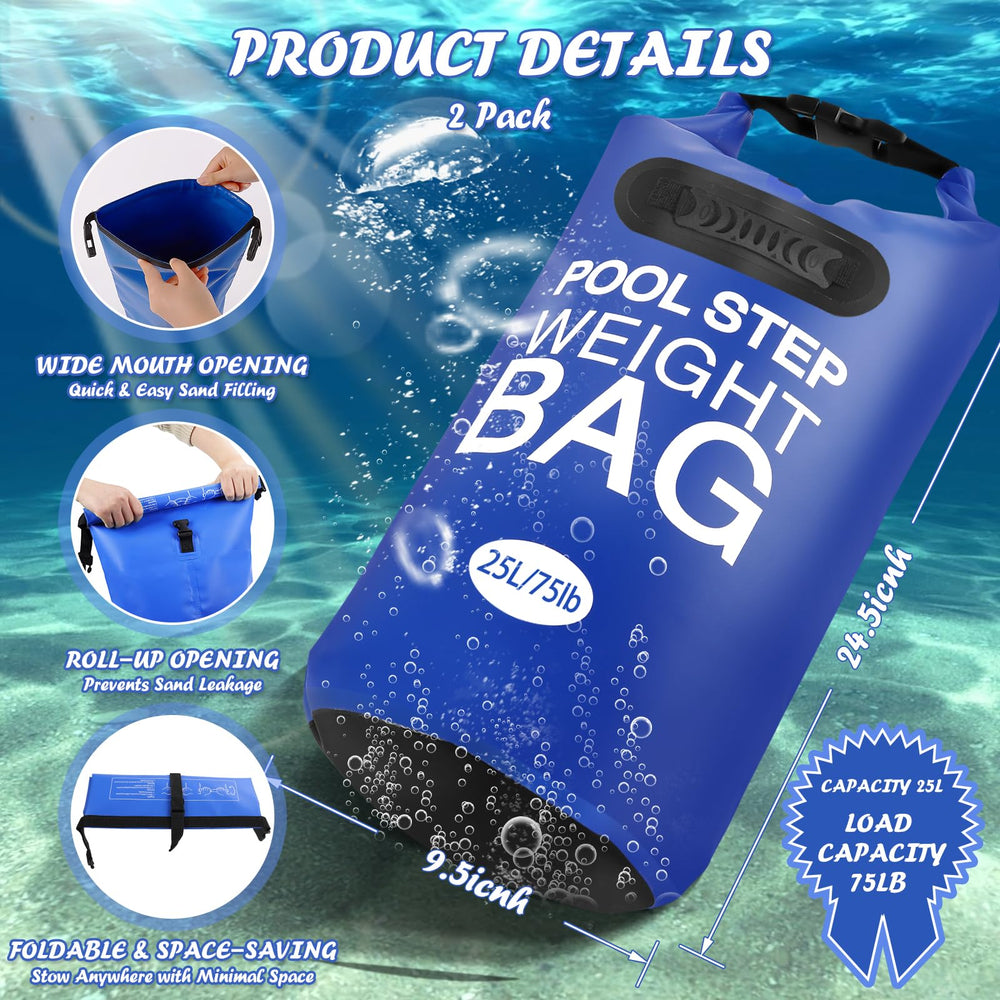 whumsdog filled bag positioned at above-ground ladder base for wobble prevention