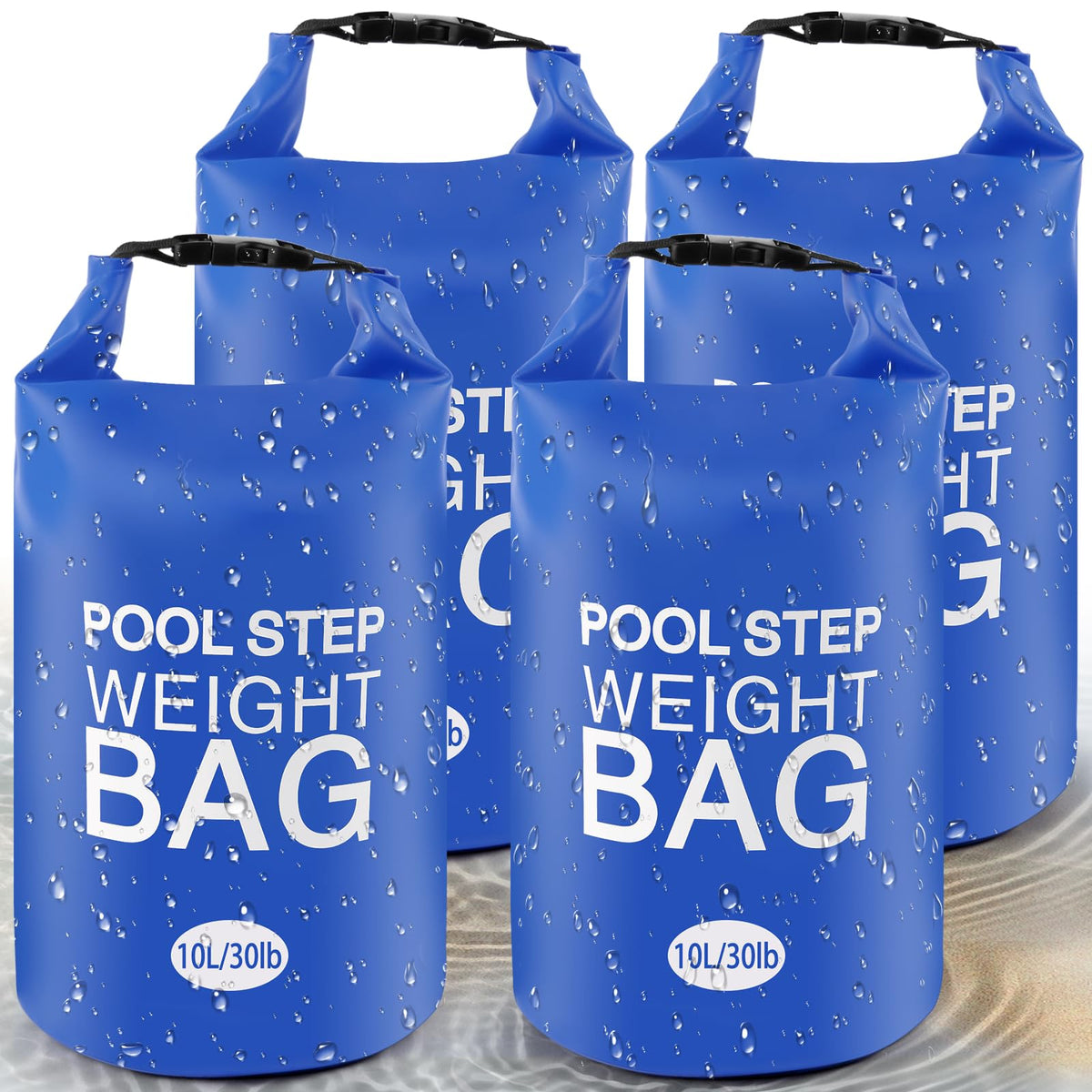 whumsdog front packaging showing four 30 lb pool weight bags, adds secure ballast