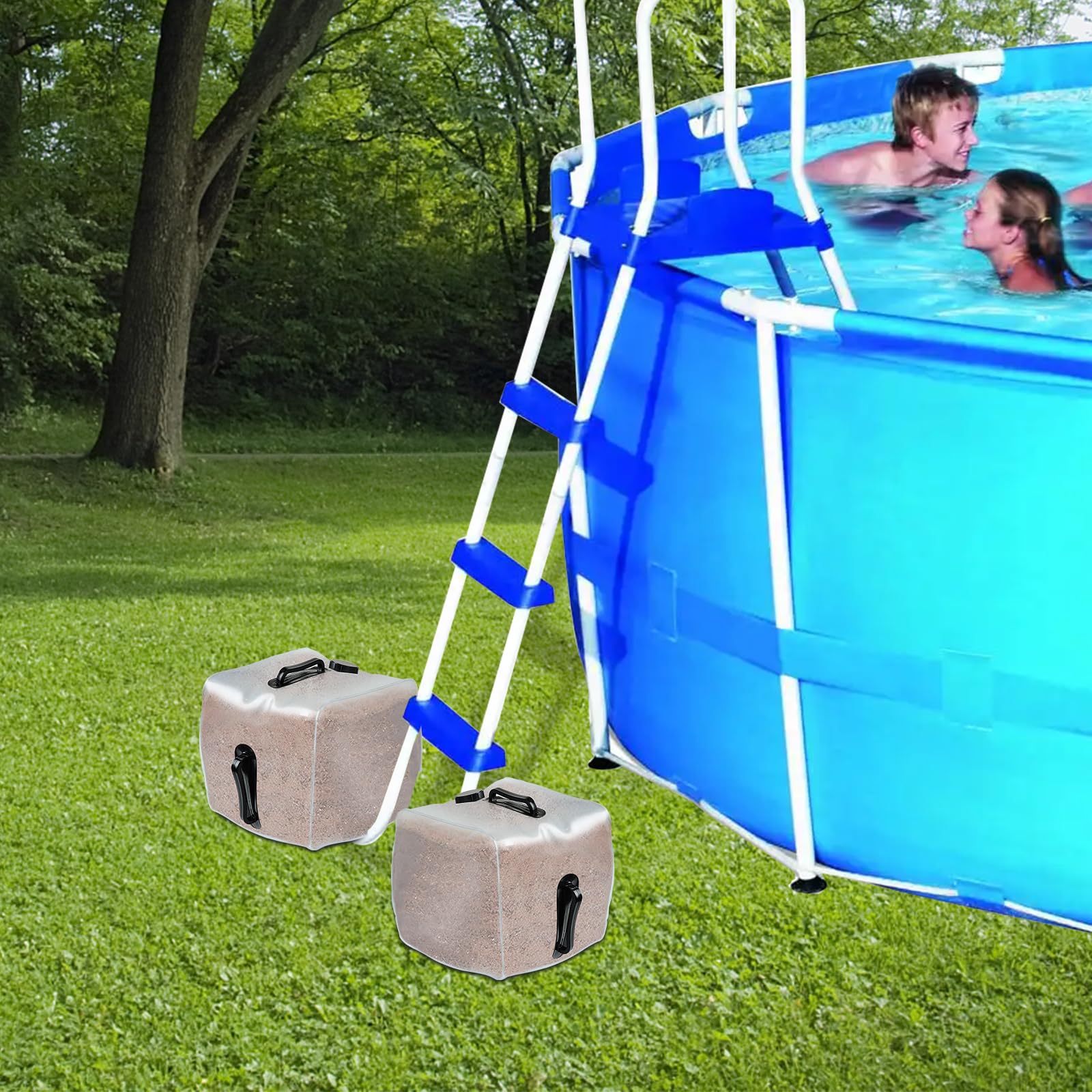 whumsdog poolside lifestyle shot showing steady ladder and safer access