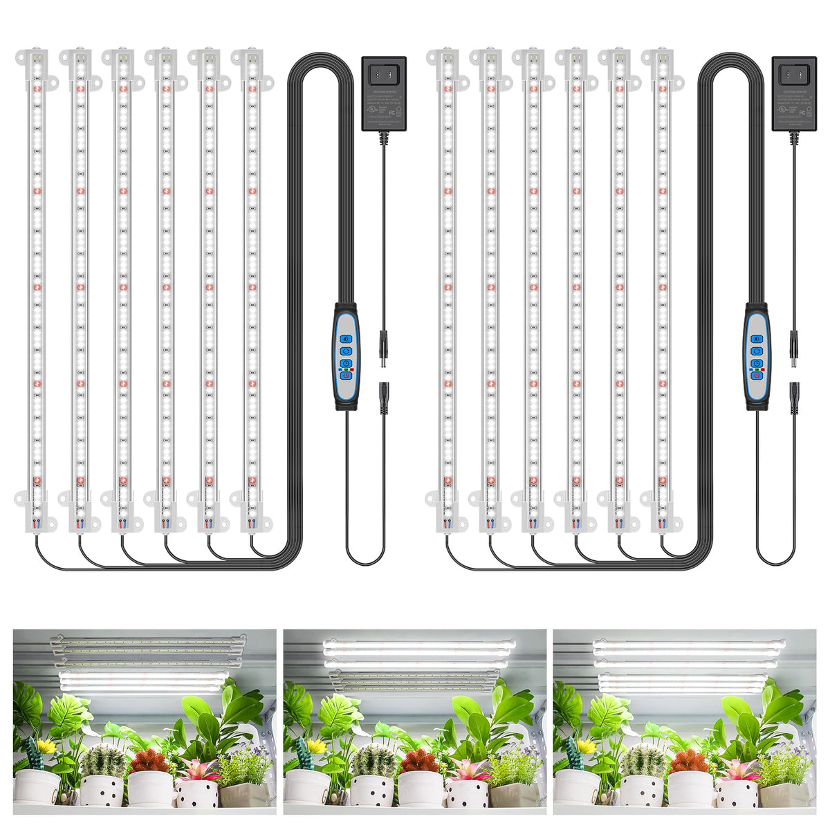 Wiaxulay front view of two 16in grow light strips showing compact design and bright output