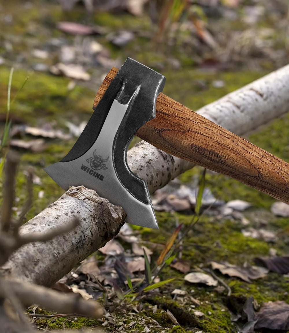 WICING hatchet handle grain detail showing hickory texture and shock-absorbing comfort