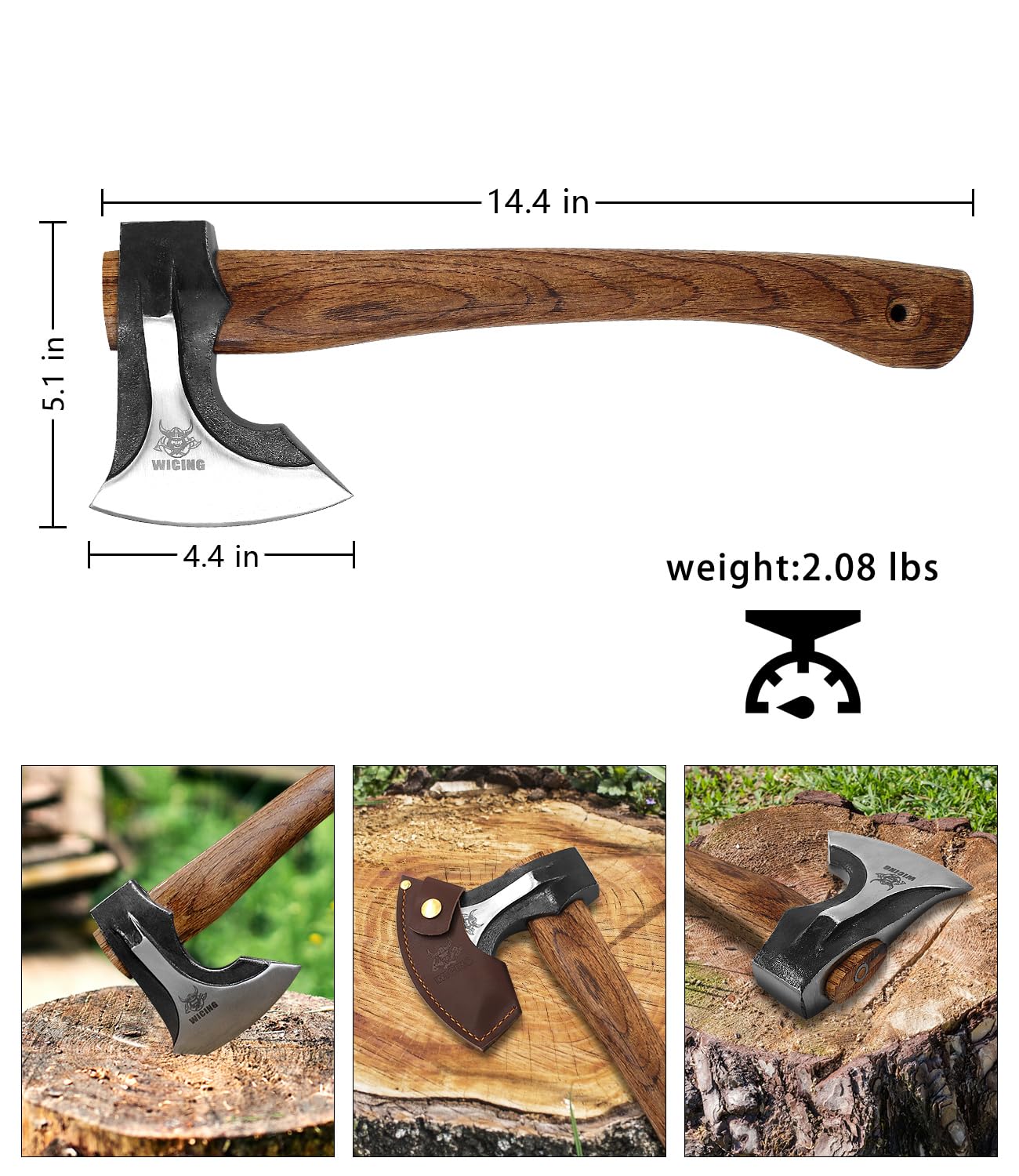 WICING hatchet head close-up highlighting 1065 steel edge and dual-wedge design benefit