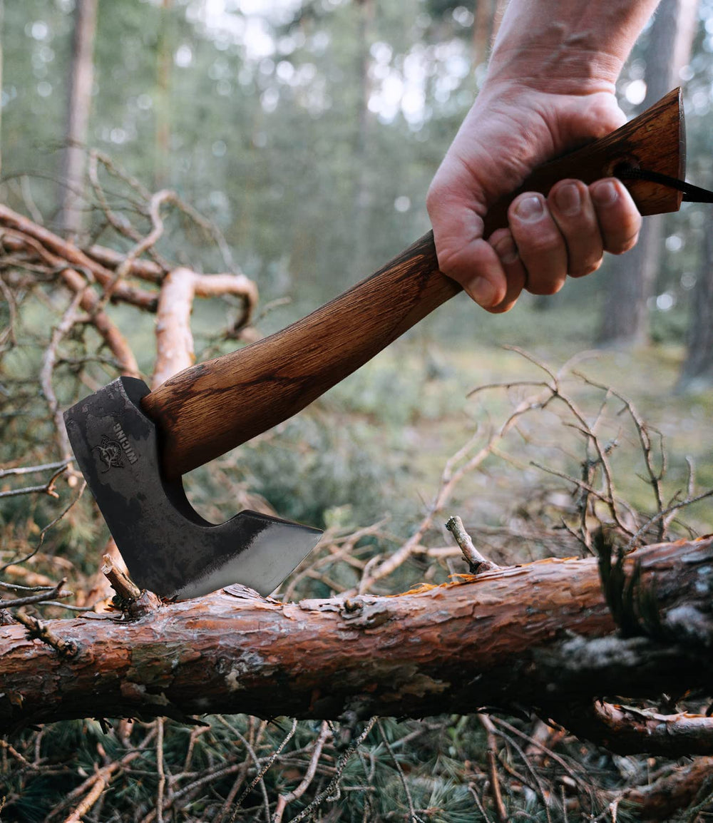 WICING hatchet in use splitting kindling to show efficient campsite performance