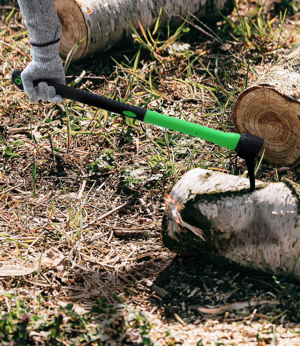 WICING hookaroon leaning by woodpile illustrating easier stacking and transport