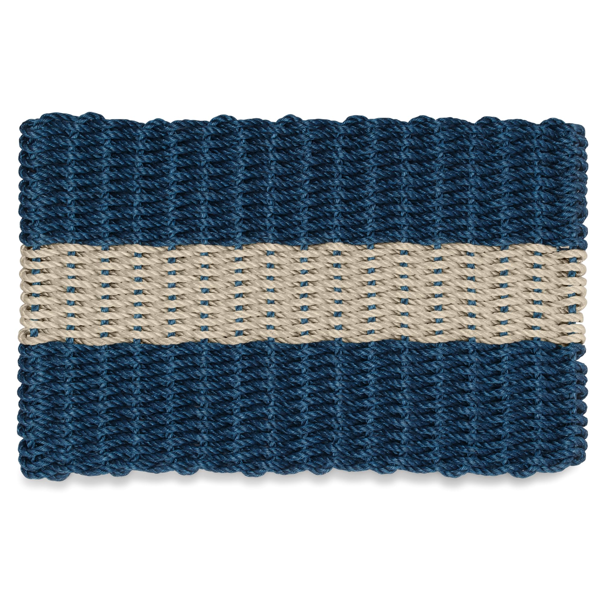 Wicked Good Doormats Lobster Rope front view showing navy and dark tan stripe, durable welcome benefit