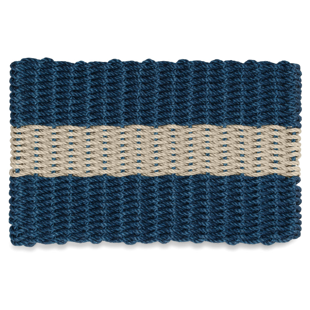 Wicked Good Doormats Lobster Rope front view showing navy and dark tan stripe, durable welcome benefit