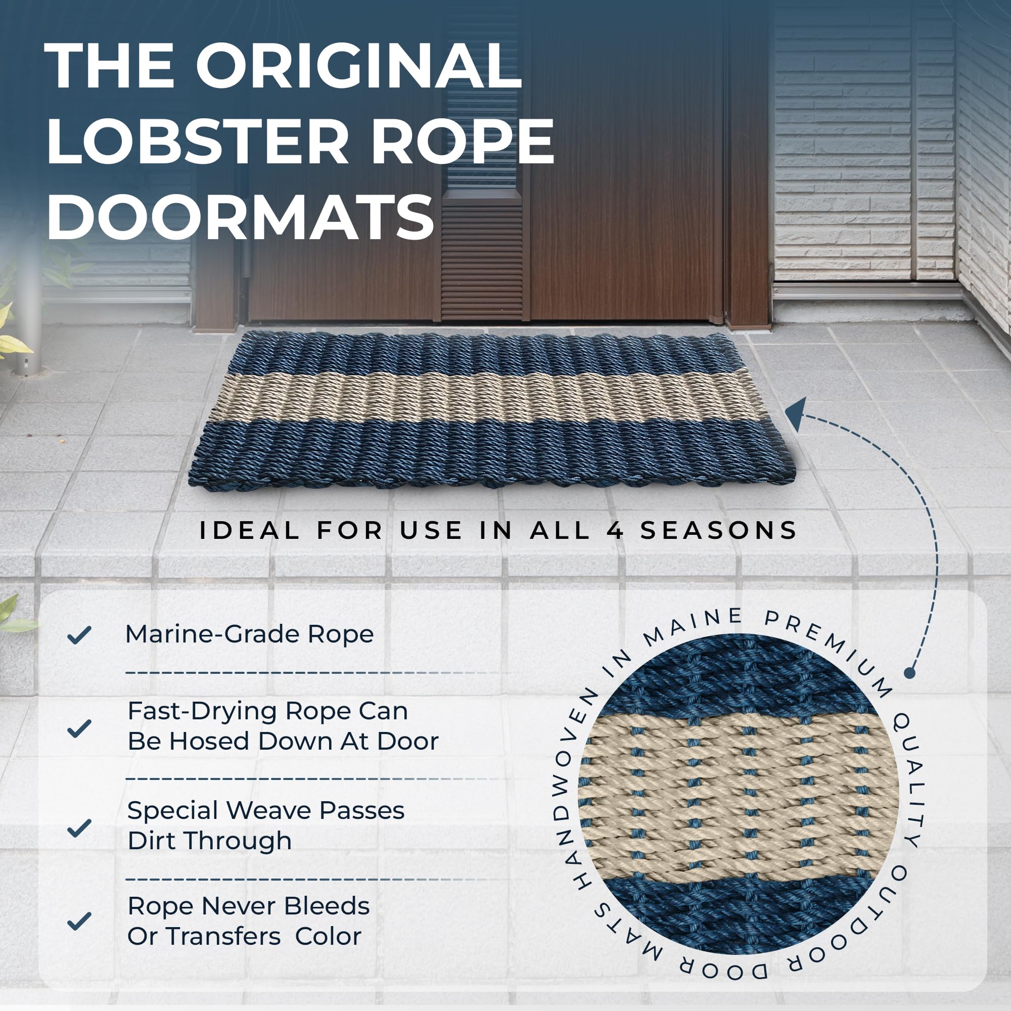 Wicked Good Doormats label and guarantee tag highlighting Maine handwoven quality benefit