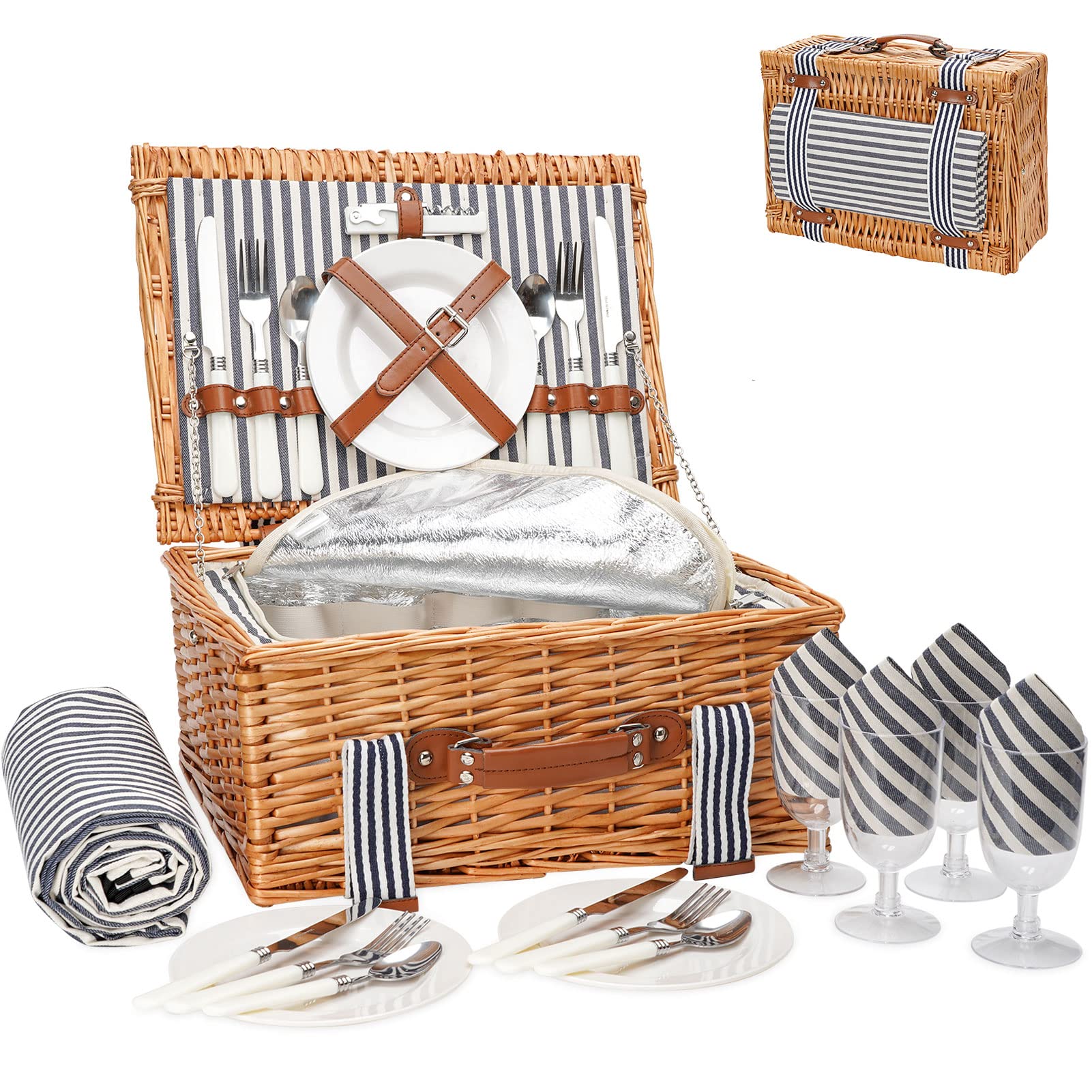 WICKERLAND picnic basket front view showing secure closure and compact portability