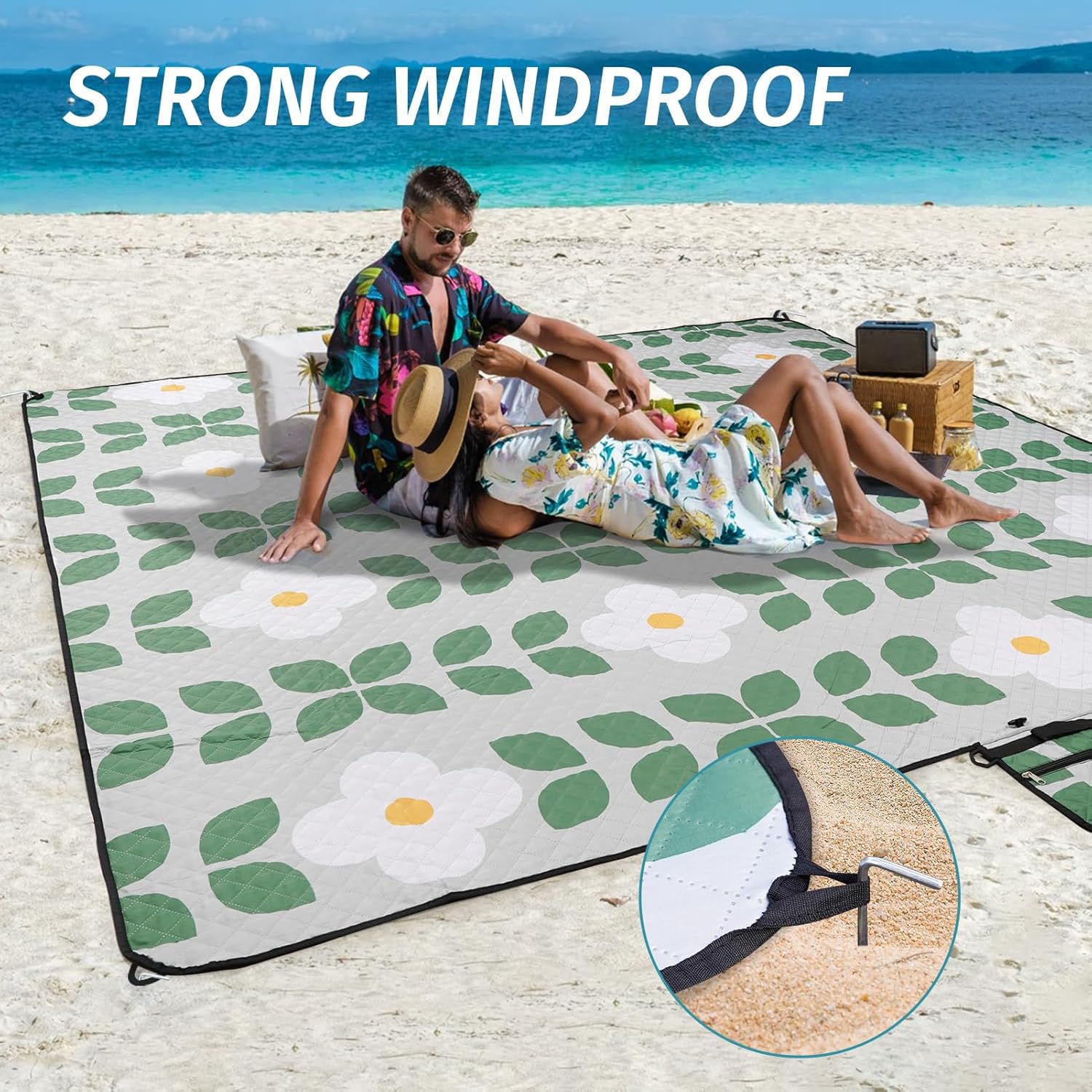 WICKERLAND secured with stakes on sand proving wind resistance