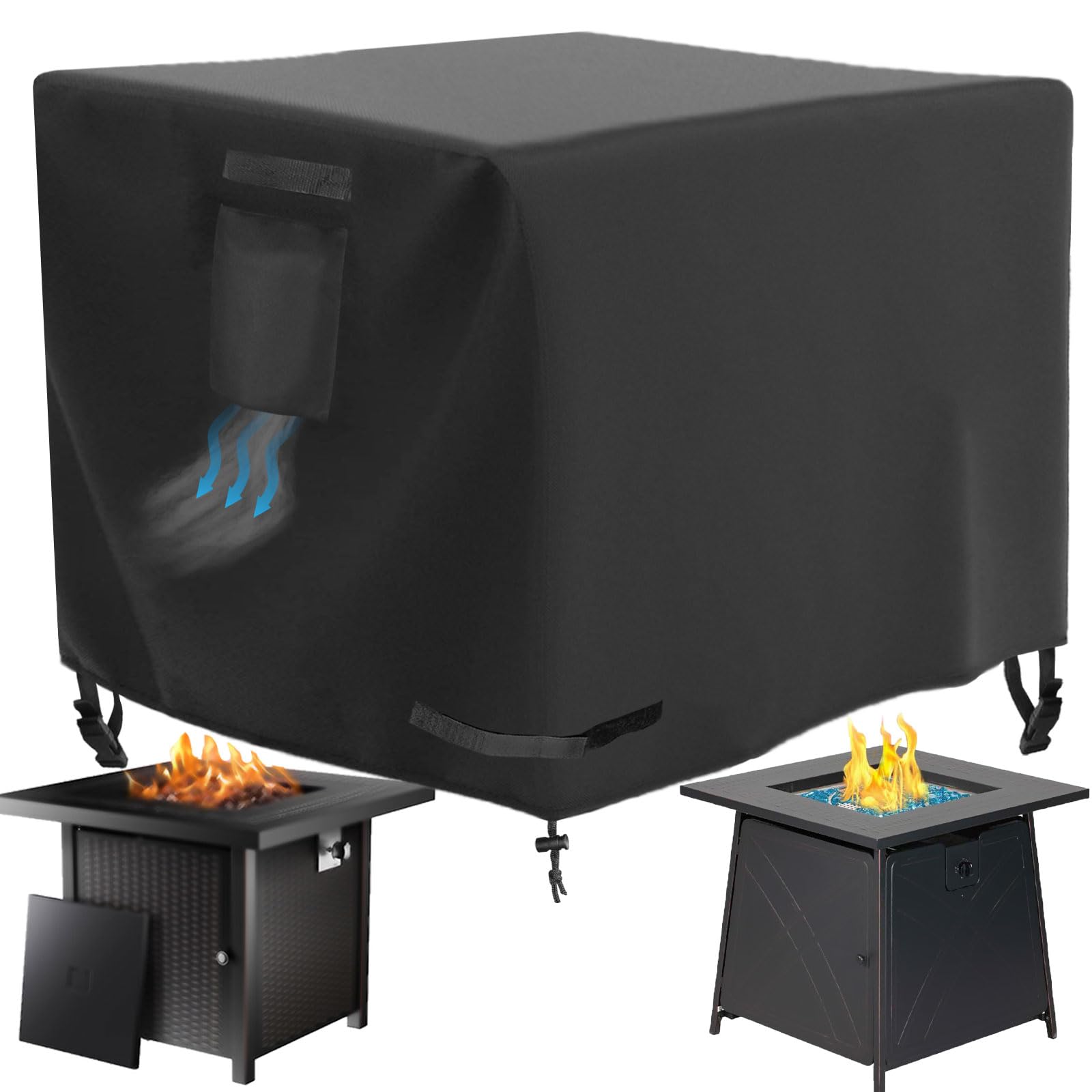 WICKTICK front view cover protecting square fire pit table, shows full fit and protection