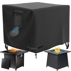 WICKTICK front view cover protecting square fire pit table, shows full fit and protection