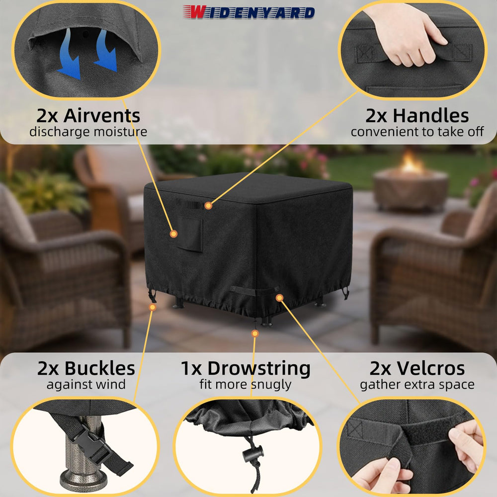Widenyard click-buckles and hem drawstring securing cover in windy conditions