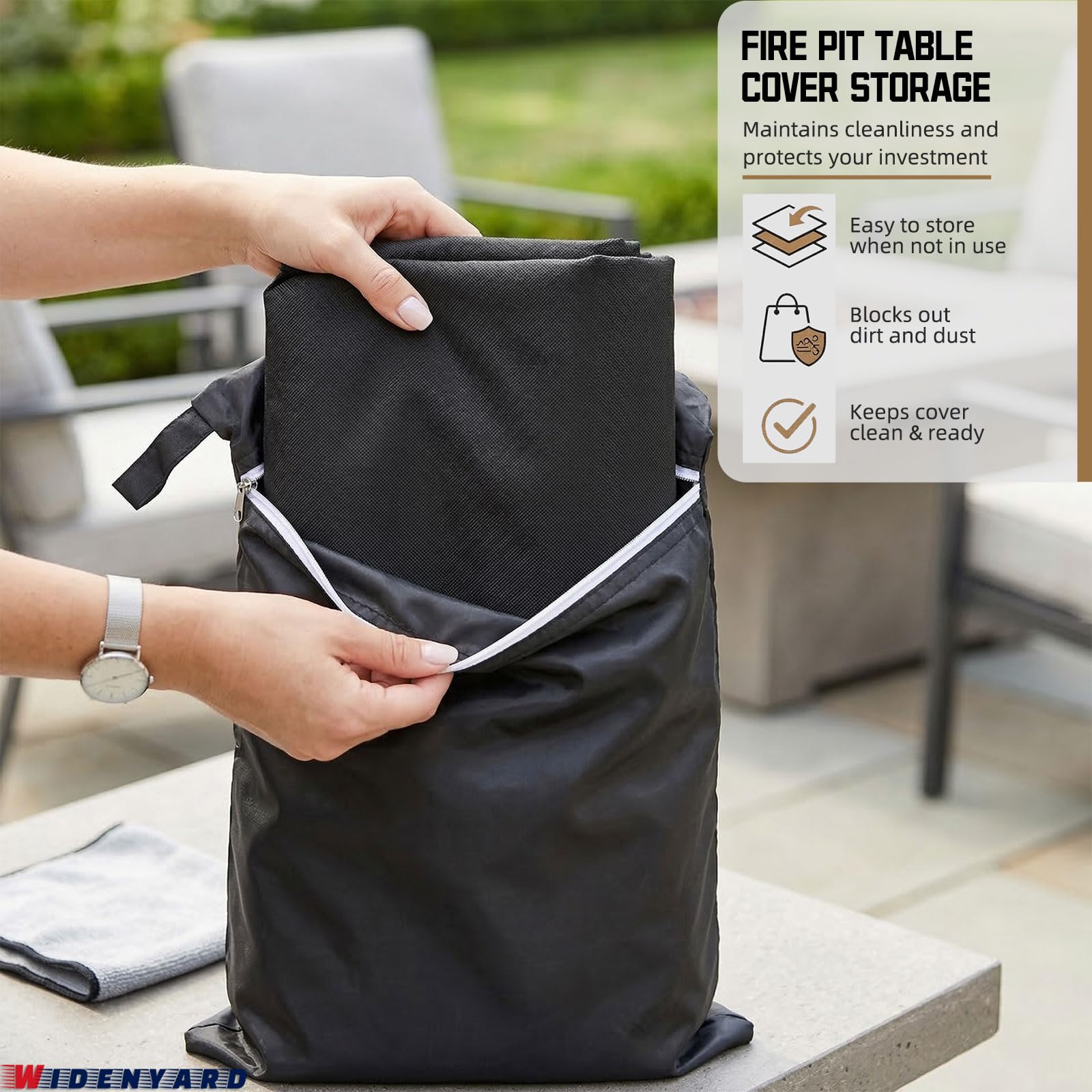 Widenyard folded cover in zippered storage bag for compact, organized storage