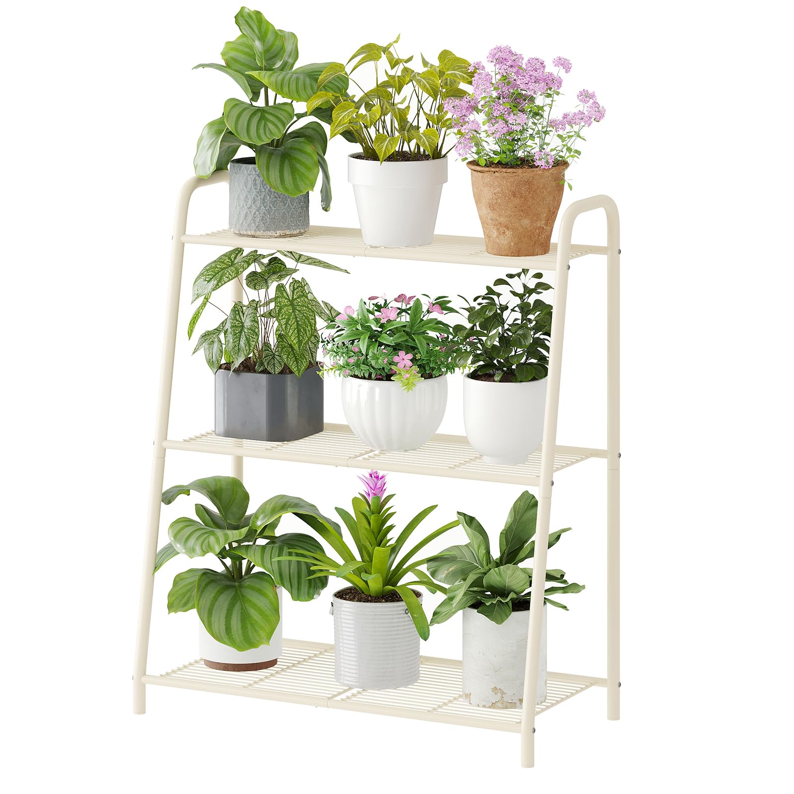 Wieghda front view of black 3-tier plant stand showing neat plant display benefit