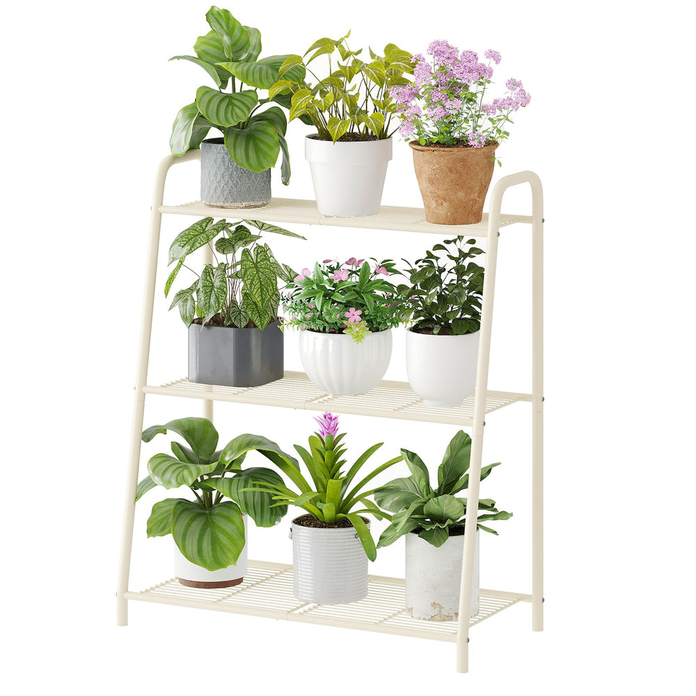 Wieghda front view of black 3-tier plant stand showing neat plant display benefit