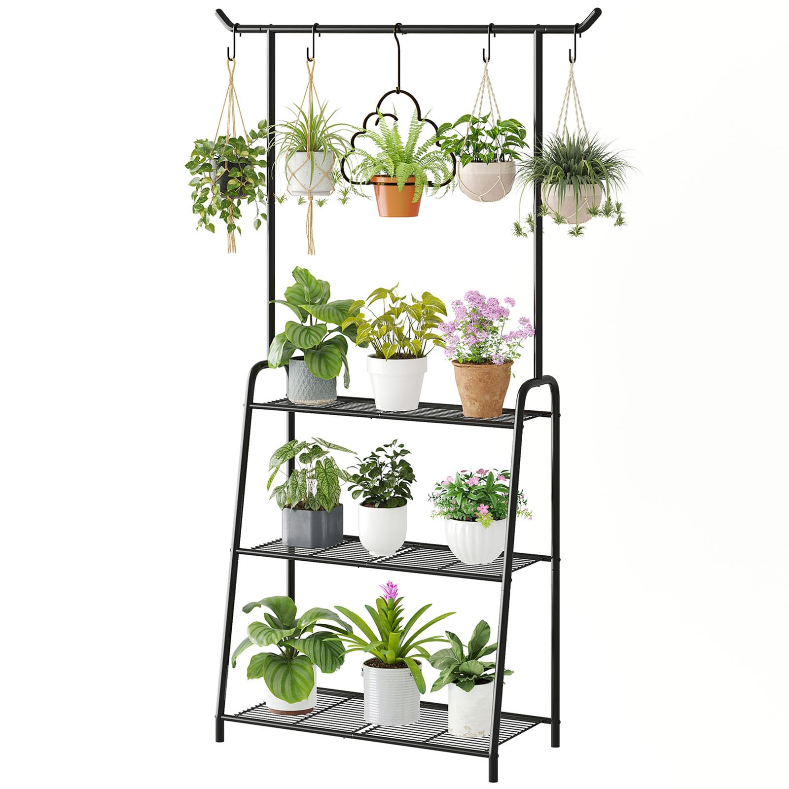 Wieghda front view of black corner plant stand showing neat vertical display and space saving