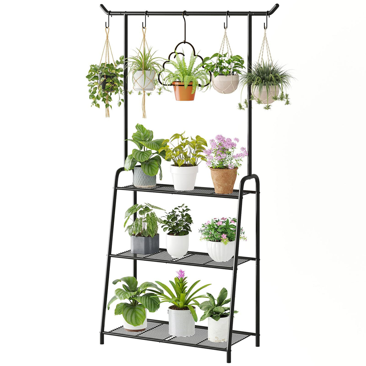 Wieghda front view of black corner plant stand showing neat vertical display and space saving