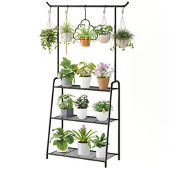Wieghda front view of black corner plant stand showing neat vertical display and space saving